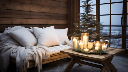 Warm Christmas Living Room Decor with Candles and Tree by Snowy Window