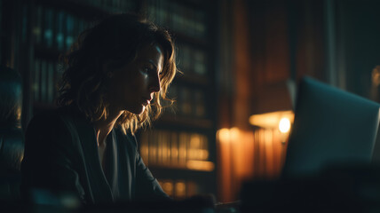 Focused paralegal works late into the night on digital case files