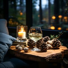 Winter Evening Still Life with Wine Glass and Pine Cones Bokeh