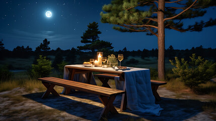 Moonlight Picnic on Hilltop with Wine and Pine Forest View