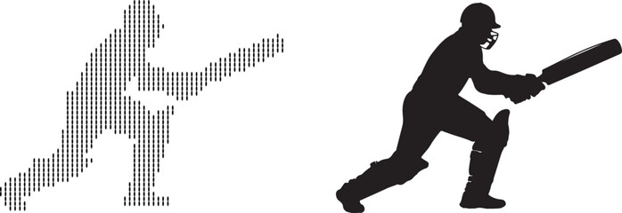 Cricket Player Silhouette and Pixelated Icon Sports Illustration