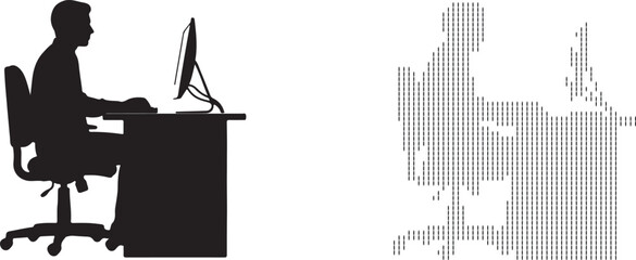 Silhouette of a person working at a computer desk, shown in solid black and pixelated grey