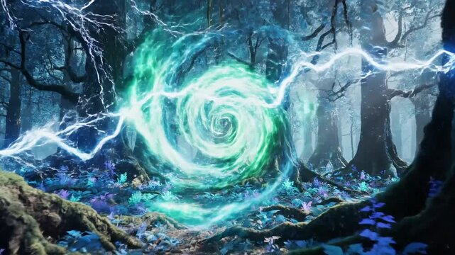 Glowing energy vortex swirls through dense foliage with thin electric arcs arcing and effect green screen energy fields style