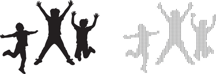 Silhouettes of happy children jumping with joy, celebrating freedom and childhood fun