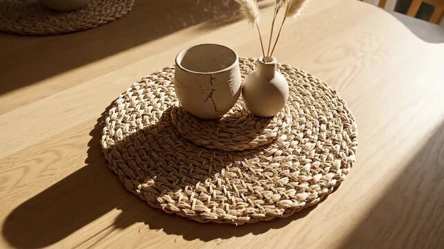 Minimalist Table Setting Showcase: Sunlight, Ceramics, And Woven Placemat Aesthetic