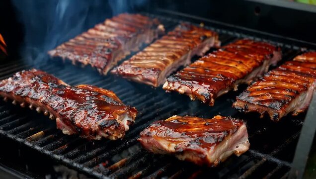 Close-up of a hand basting smoky BBQ ribs with sauce on a hot outdoor grill, highlighting the glossy meat and rising smoke