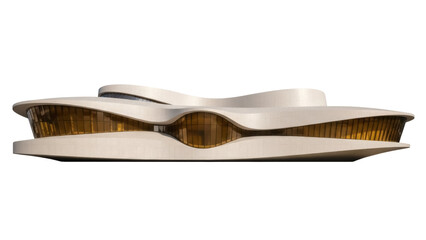 Isolated modern architecture building with curved shapes and glass exterior elements, view
