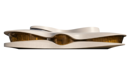 Isolated modern architecture building with curved shapes and glass exterior elements, view