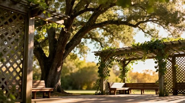 Medium shot of outdoor seating shaded by large trees and pergolas emphasizing passive cooling by reducing direct sunlight and heat gain.