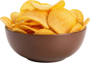 Close up view of crinkle cut potato chips piled high inside a simple matte brown serving bowl isolate Crinklecut Snack Crisps Food Salty Fried Junk Unhealthy
