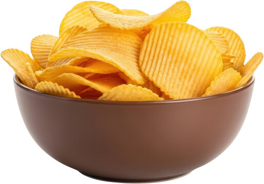 Close up view of crinkle cut potato chips piled high inside a simple matte brown serving bowl isolate Crinklecut Snack Crisps Food Salty Fried Junk Unhealthy