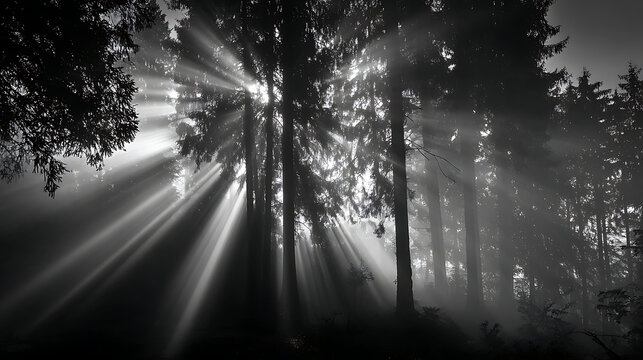Sun rays bursting through tall trees in a misty forest monochrome - Powered by Adobe