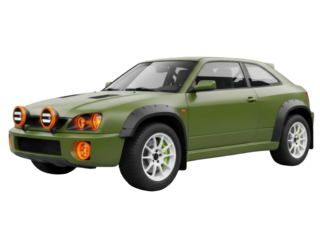 Isolated green rally car with spotlights, fender flares, and white wheels, an off-road vehicle