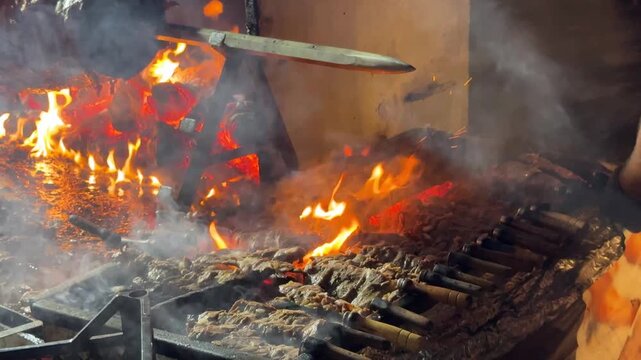 Doner Kebab Traditional Turkish Food Cag Kebabi. Rolling lamb meat doner kebab