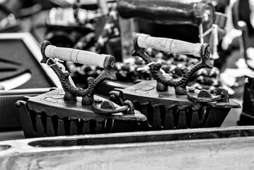 Antique cast iron irons for ironing clothes, black and white.
