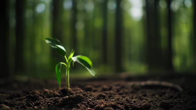 A small sapling grows from rich soil, with a blurred forest background, bathed in soft light