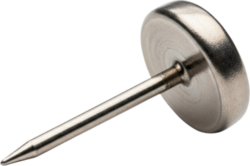 Extreme close up of a single small silver colored metal tack or upholstery nail with a broad round head and a pointed shaft isolate Fastener Hardware Pin