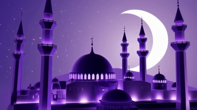 A 3D rendered mosque illuminated in purple hues against a starry sky and a crescent moon