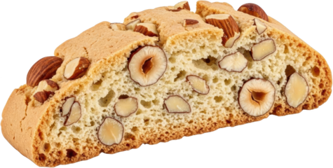 Close up cross section view of a single Italian biscotti cookie richly studded with whole and sliced almonds and hazelnuts golden brown texture isolate