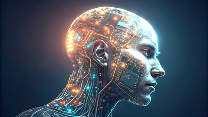 Surreal tech head with glowing circuits