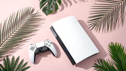 White gaming console on pink