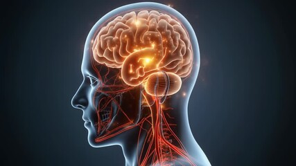 Illustration depicting a human brain with neural activity, skeleton, and head anatomy for medical, science and learning visualizations - Powered by Adobe