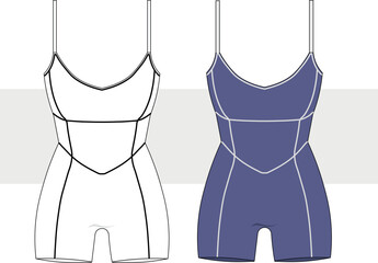 Women sports sleeveless Bodysuit shorts activewear design flat sketch fashion Illustration. Body con jumpsuit vector. Swimsuit, sportswear technical drawing. CAD, Mockup.