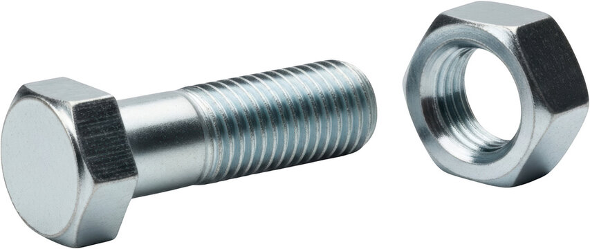 Galvanized hexagonal bolt with matching hex nut shown closely together illustrating coarse threading and metallic surface texture isolate 198 characters