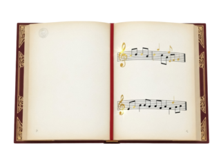 Isolated open book with music notes on pages, luxurious style, fantasy world or fairytales