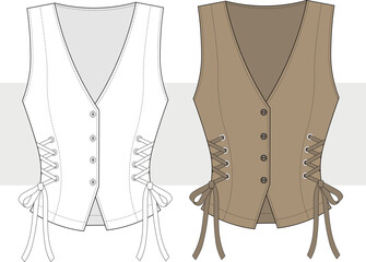 Women's buttoned, side tie vest drawing, illustration. Vest fashion design, vector. CAD, Mockup.