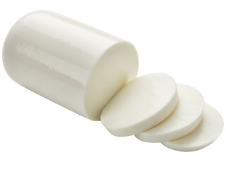 Isolated fresh mozzarella log with slices, ready for pizza or salad preparation for sale