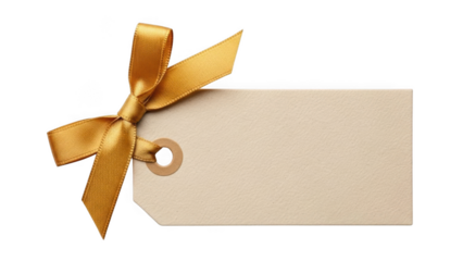 Blank Beige Gift Tag with Gold Ribbon Bow on Black Background card isolated on a transparent background