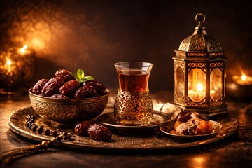 Luxury Ramadan Iftar Still Life with Dates and Traditional Lantern
