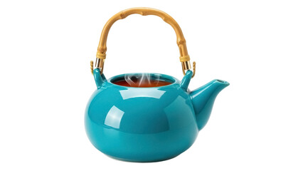 Isolated turquoise ceramic teapot with wooden handle, brewing tea or hot beverage, on display