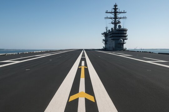 Aircraft Carrier Deck and Infrastructure: An imposing aircraft carrier's flight deck stretches into the horizon, showcasing the vast expanse and infrastructure of a naval vessel.