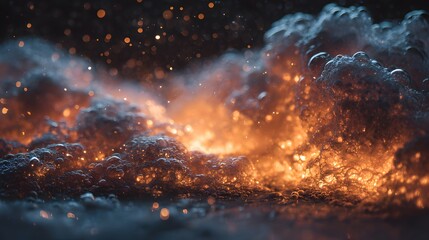 Macro photography shot of a chemical reaction showing bubbling white foam meeting intense orange flames in a dangerous experiment.