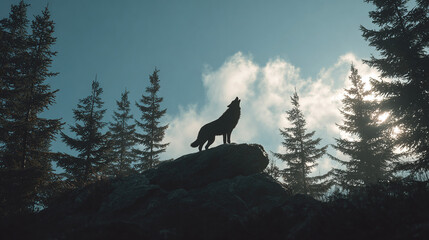 A solitary wolf howling on a rocky outcrop under a dramatic sky, evoking a sense of wildness and freedom.