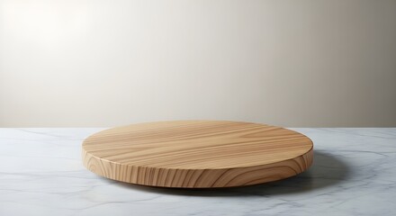 Minimalist Studio Display: Round Wooden Platform on Marble Surface with Empty Background for Product Presentation