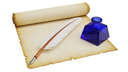 Isolated Quill pen, inkwell, and paper scroll for writing messages, history, and education