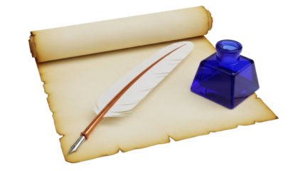 Isolated Quill pen, inkwell, and paper scroll for writing messages, history, and education