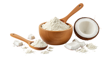 Coconut flour with halved coconut and flakes on transparent background