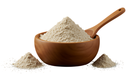 Pile of flour with wooden spoon and bowl on transparent background