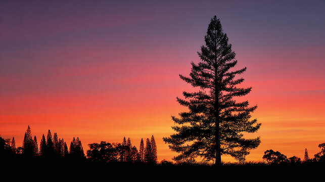A silhouette of a lone evergreen tree against a vibrant, fiery sunset, painting the sky with colors of orange, red, and purple