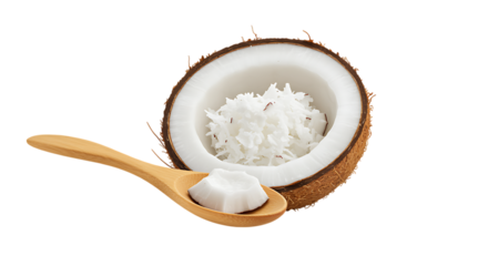 Halved coconut with shredded coconut and a spoon on transparent background