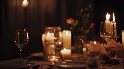 Warm, romantic setting with lit candles, flowers, and a blurred background, creating intimate atmosphere