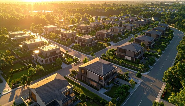 rows of stylish, immaculately maintained contemporary homes, surrounded by lush green trees.&nbsp;Warm golden light illuminates the facades of houses and quiet streets, creating a peaceful and inviting ats