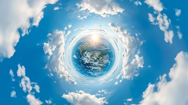 Aerial tiny planet view of Earth surrounded by clouds.