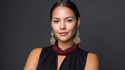 Indigenous Female Leader Delivering Business Pitch with Cultural Pride