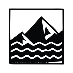 Stylized Black and White Mountain Landscape with Wavy Water Illustration