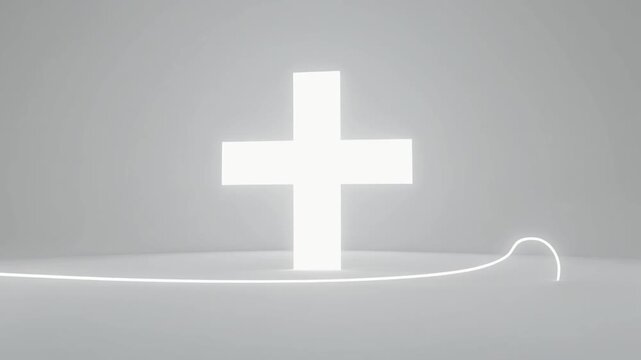 Glowing white line draws bright plus sign in minimalist studio